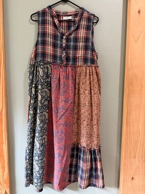 NATURAL LIFE ' Mixed-Print Patchwork Dress - Navy, Rust & Tan